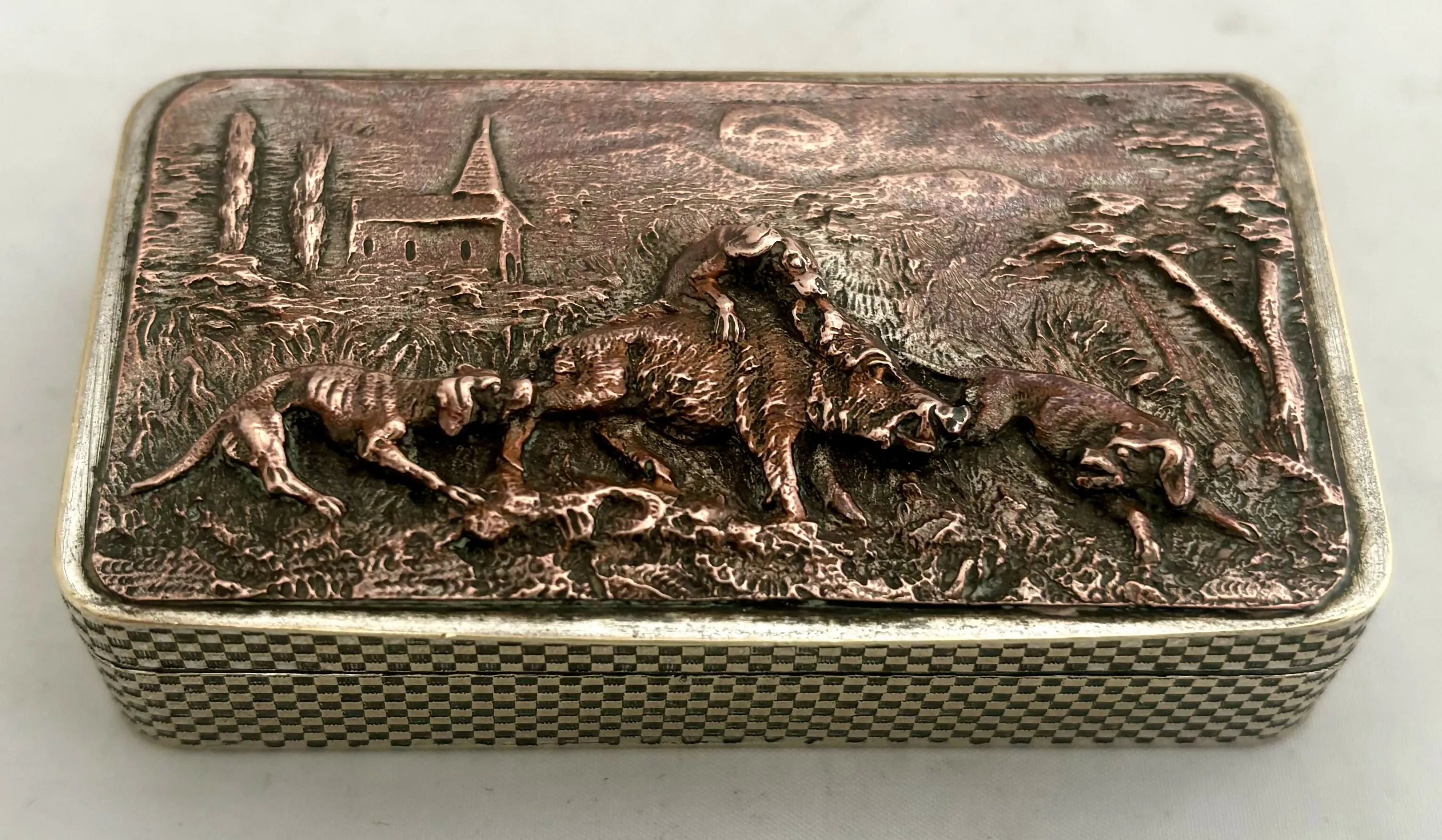 19th Century Snuff Box with Hunting Scene Copper Relief Panel.