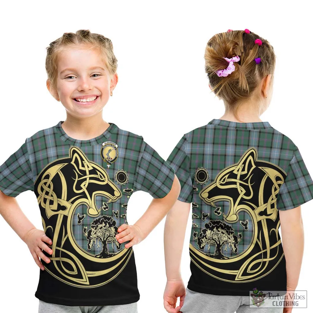 Alexander of Menstry Hunting Tartan Kid T-Shirt with Family Crest Celtic Wolf Style
