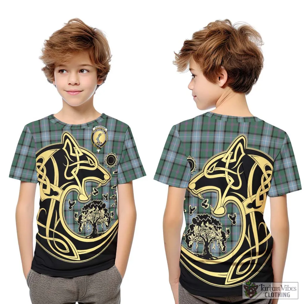 Alexander of Menstry Hunting Tartan Kid T-Shirt with Family Crest Celtic Wolf Style