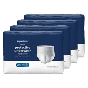 Amazon Basics Incontinence Underwear for Men and Women, Overnight Absorbency, Small/Medium, 64 Count, 4 Packs of 16 (Previously Solimo)