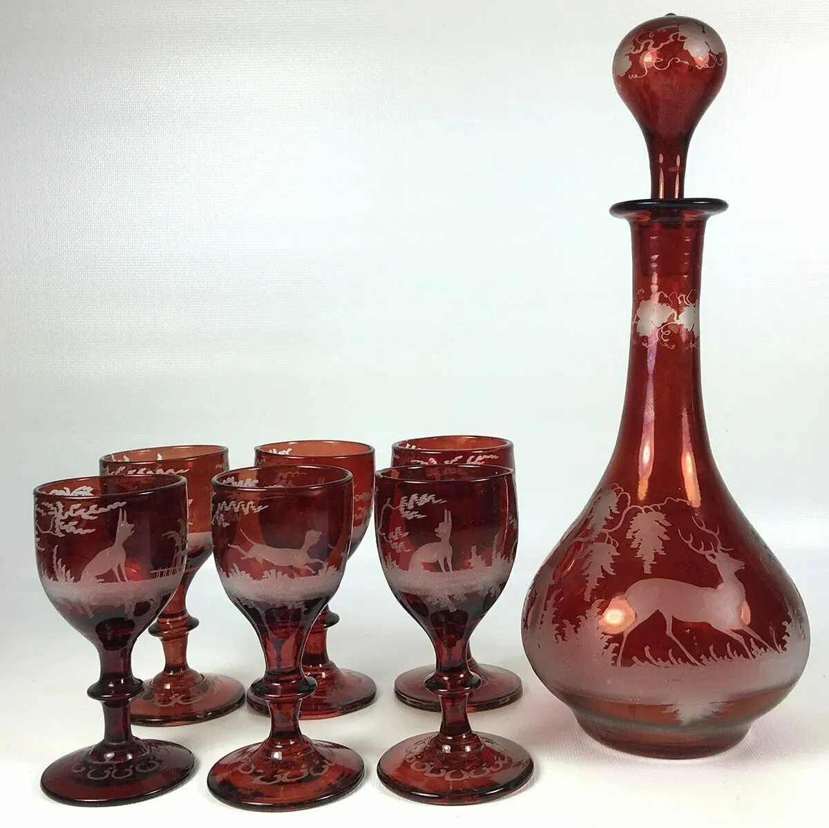 Antique Bohemian Ruby Flash and Engraved Liqueur Service, Decanter, 6 Cordials