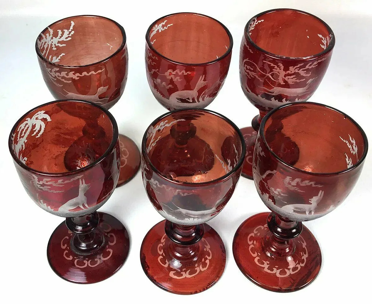 Antique Bohemian Ruby Flash and Engraved Liqueur Service, Decanter, 6 Cordials