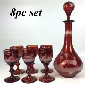 Antique Bohemian Ruby Flash and Engraved Liqueur Service, Decanter, 6 Cordials