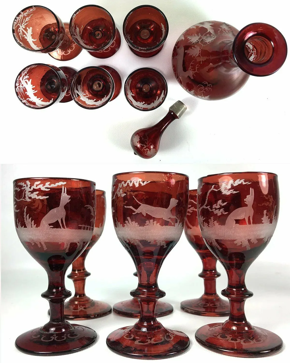 Antique Bohemian Ruby Flash and Engraved Liqueur Service, Decanter, 6 Cordials