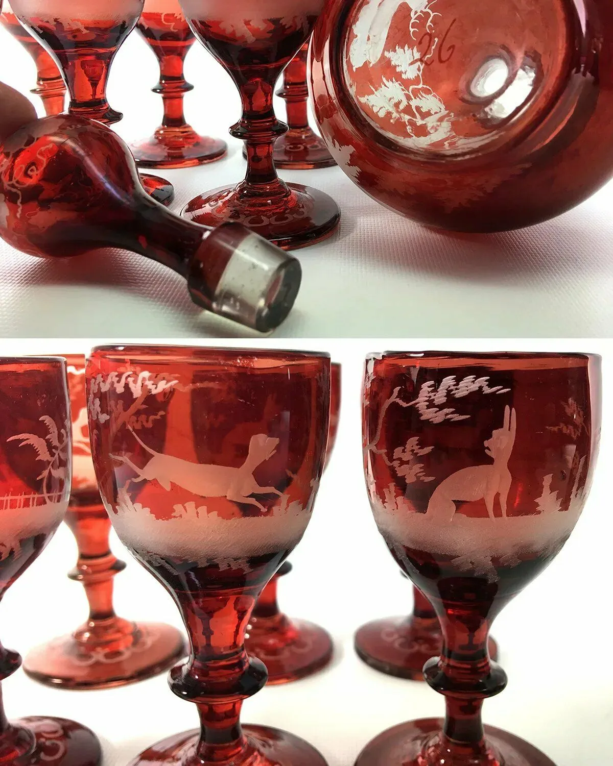 Antique Bohemian Ruby Flash and Engraved Liqueur Service, Decanter, 6 Cordials