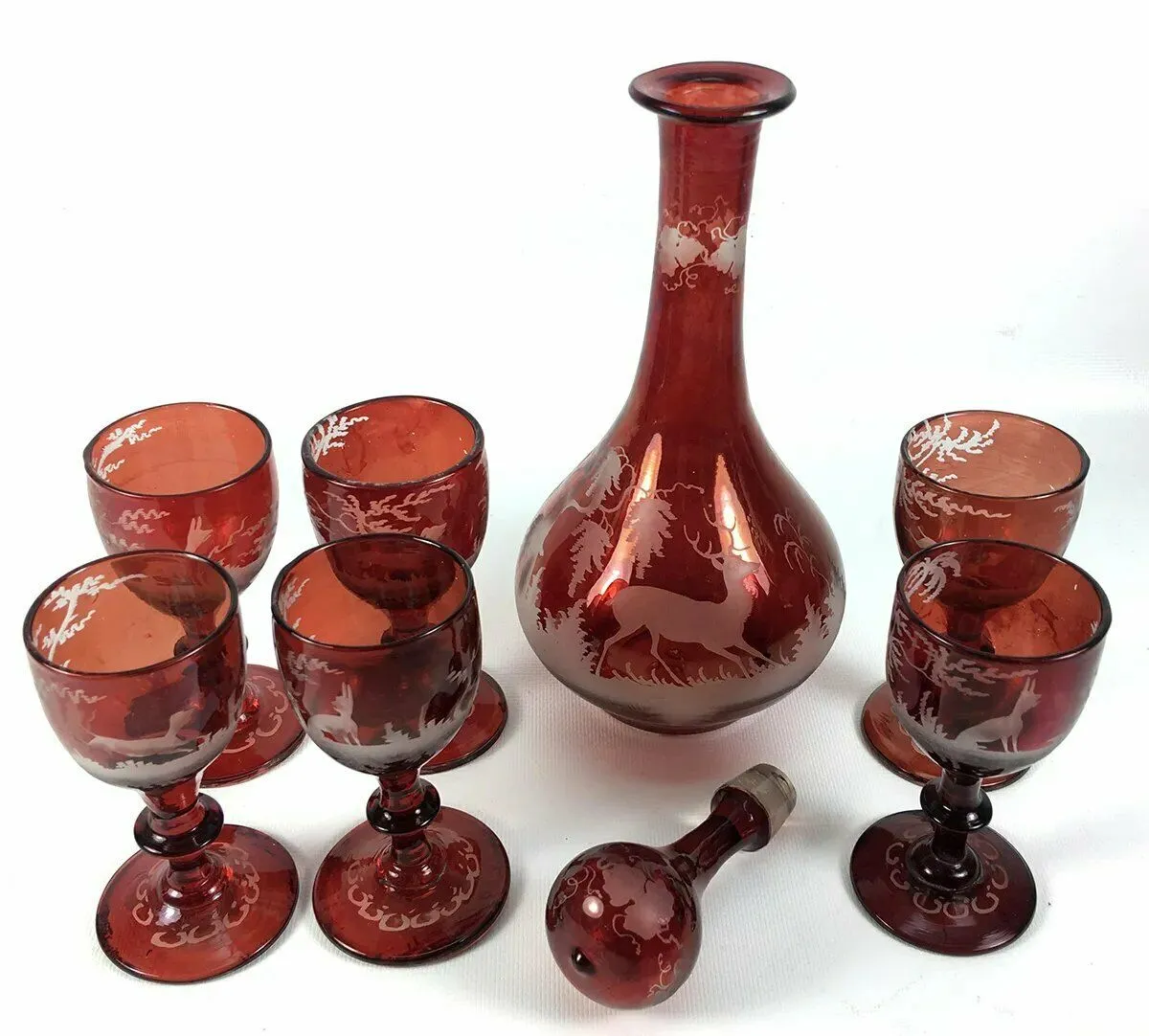 Antique Bohemian Ruby Flash and Engraved Liqueur Service, Decanter, 6 Cordials