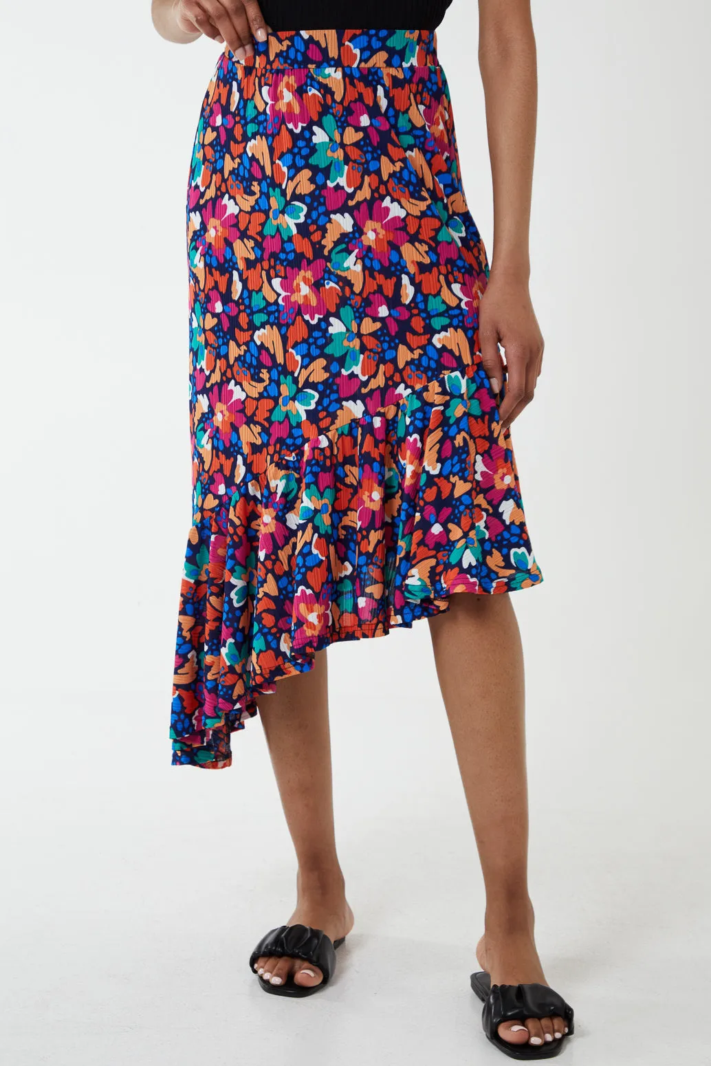 Asymmetric Floral Midi Skirt