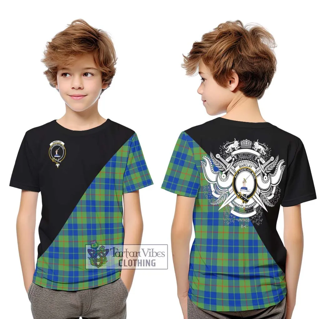 Barclay Hunting Ancient Tartan Kid T-Shirt with Family Crest and Military Logo Style