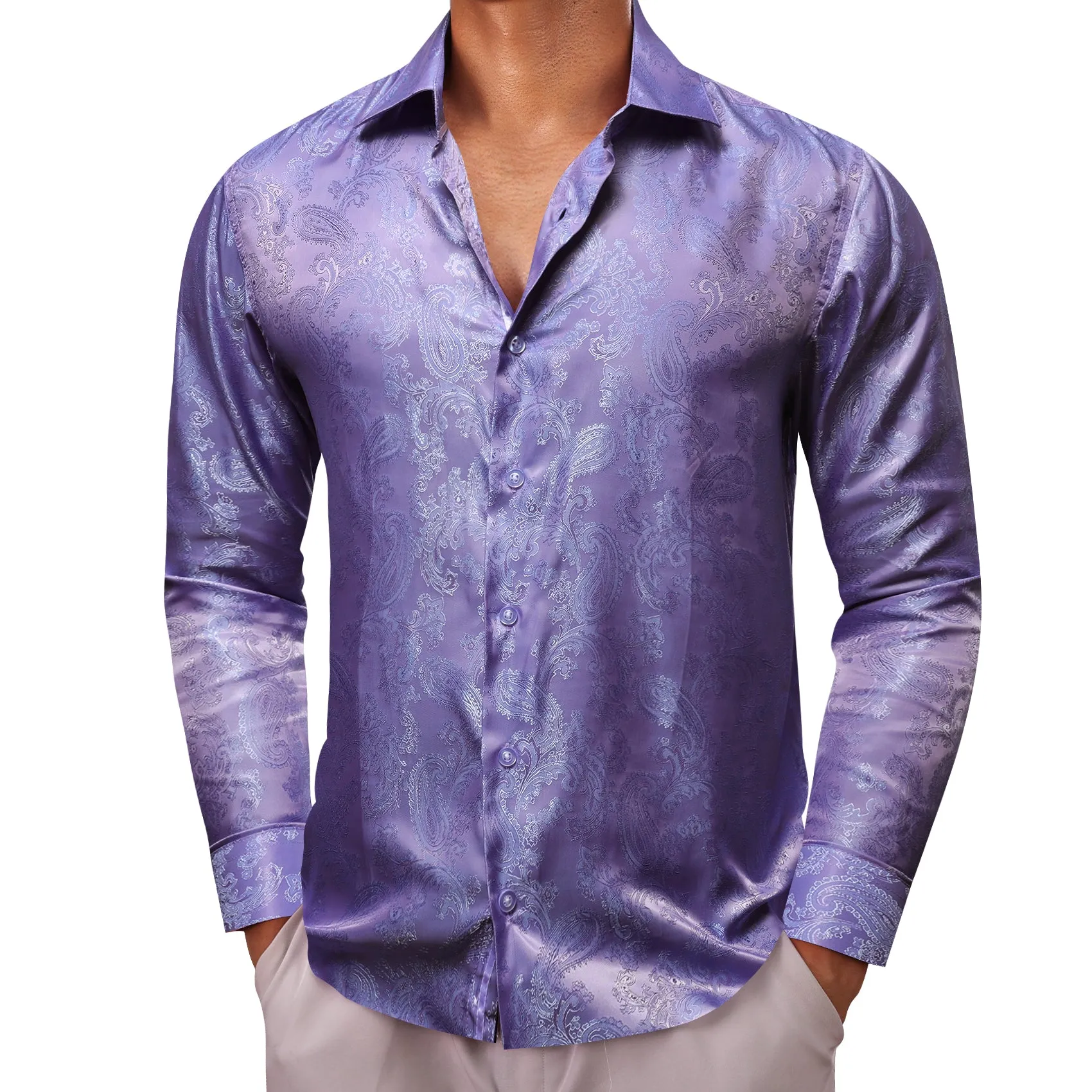 Barry Wang Light Purple Shirt Jacquard Paisley Silk Men's Dress Shirt