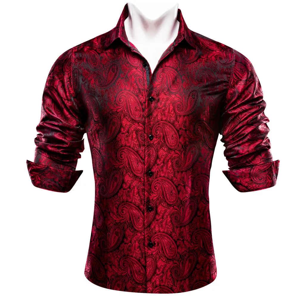 Barry Wang Red Paisley Men's Shirts Novelty Dark Red Dress Shirt