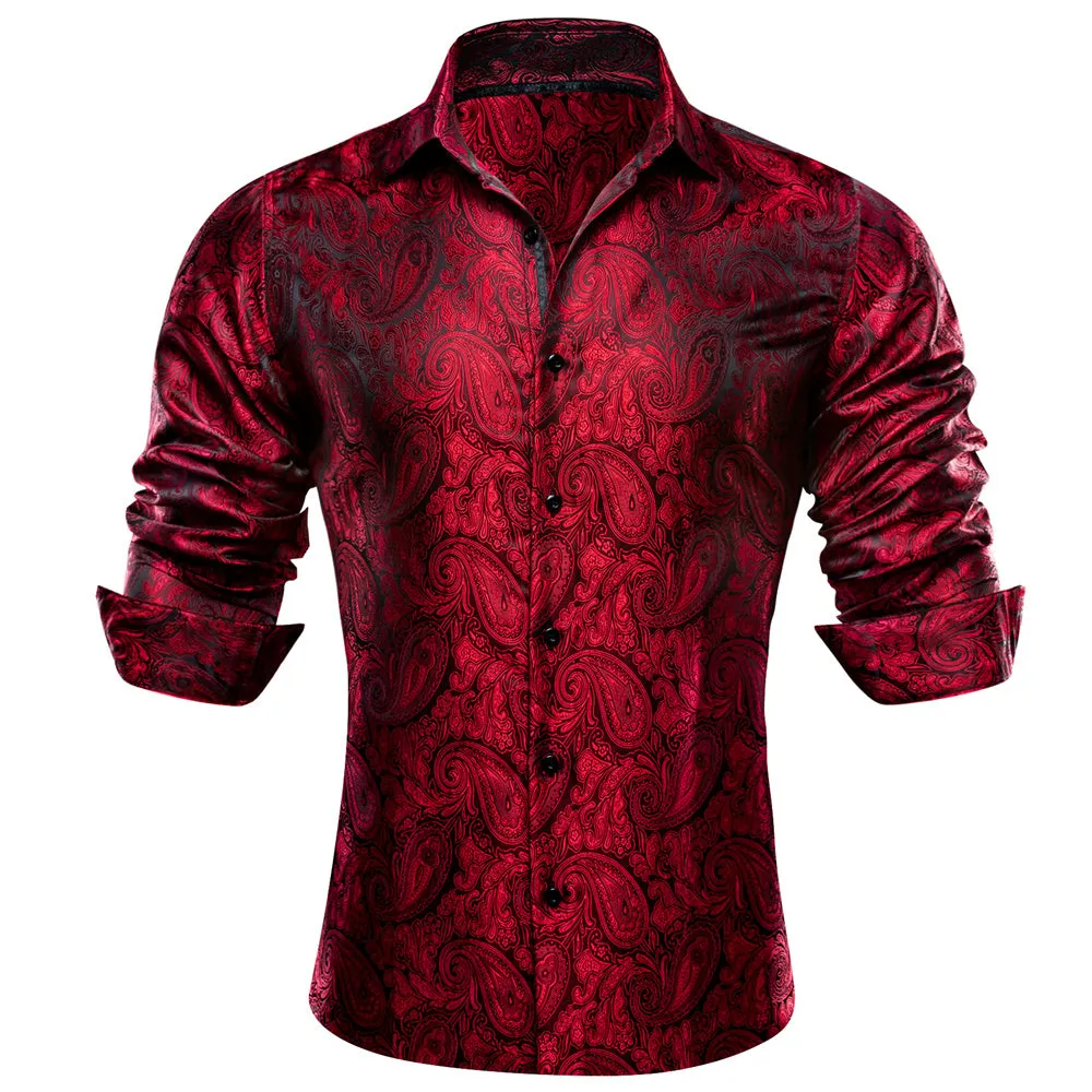 Barry Wang Red Paisley Men's Shirts Novelty Dark Red Dress Shirt