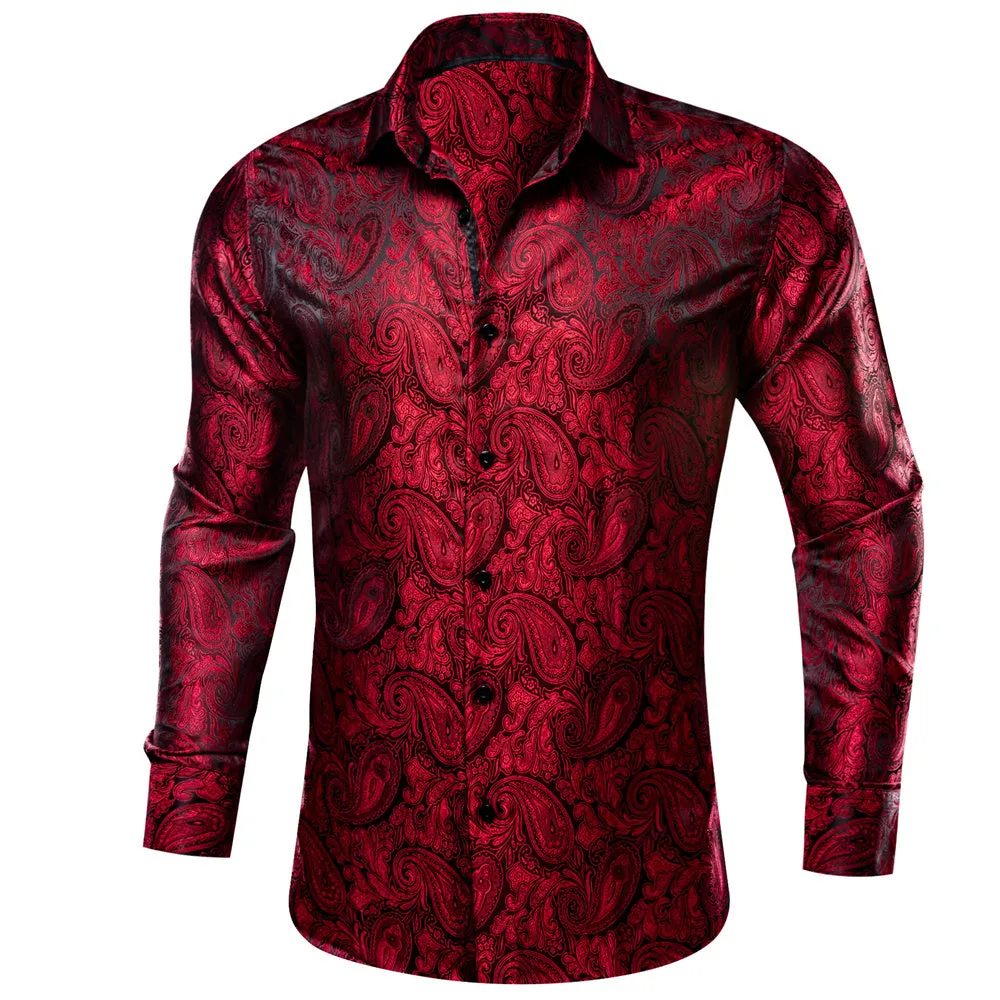 Barry Wang Red Paisley Men's Shirts Novelty Dark Red Dress Shirt