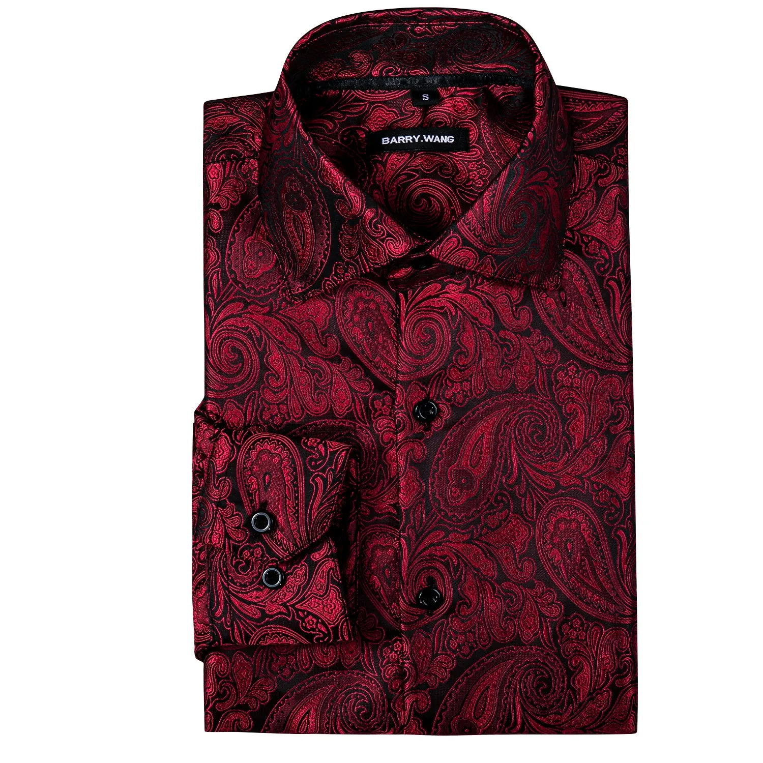 Barry Wang Red Paisley Men's Shirts Novelty Dark Red Dress Shirt