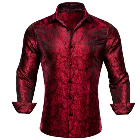 Barry Wang Red Paisley Men's Shirts Novelty Dark Red Dress Shirt