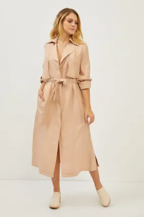 Beige Linen Side Pocket Belt Detail Long Sleeve Maxi Dress