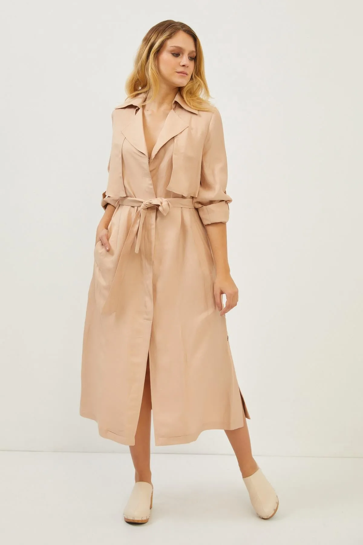 Beige Linen Side Pocket Belt Detail Long Sleeve Maxi Dress