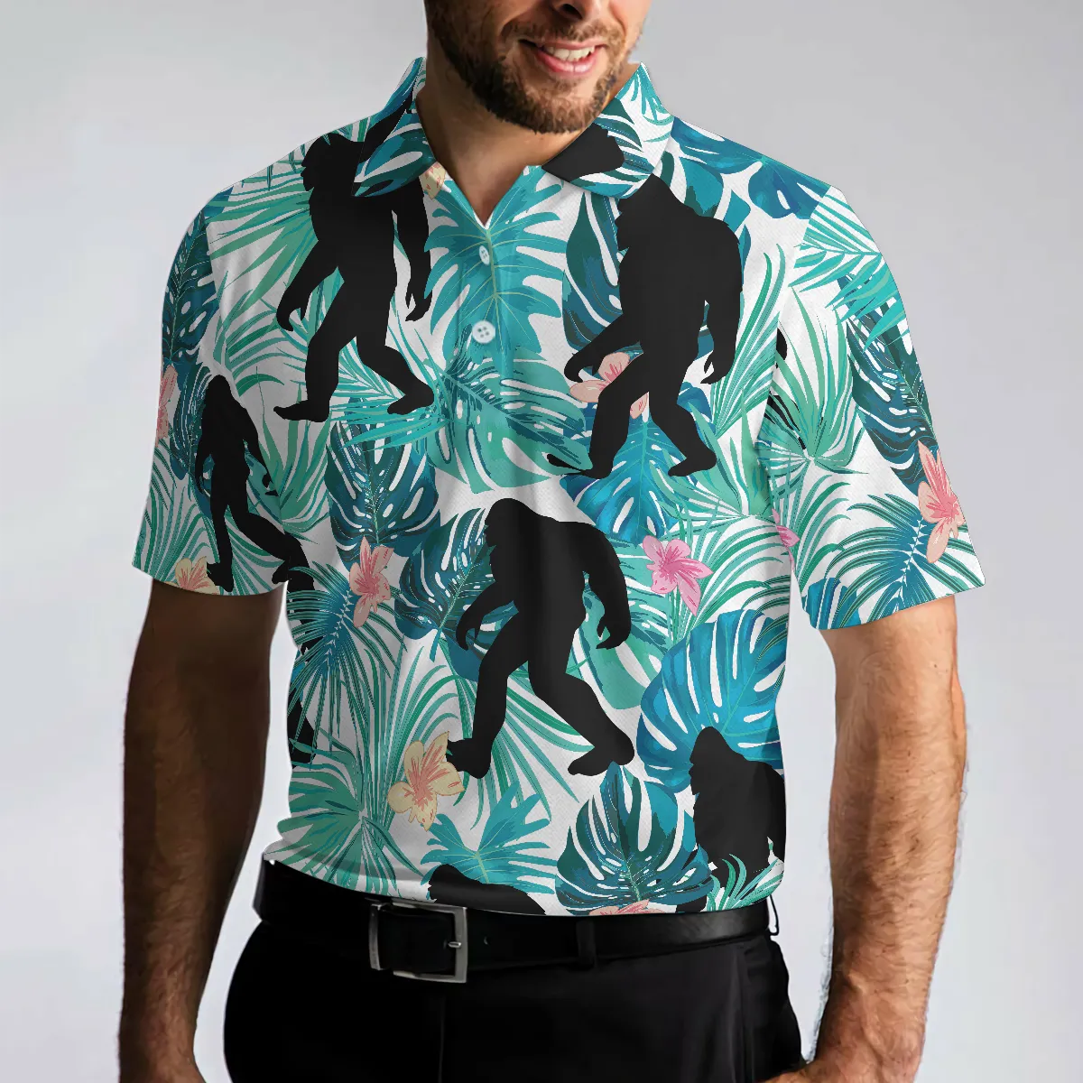Bigfoot Tropical Short Sleeve Polo Shirt, Floral And Leaves Polo Shirt, Best Bigfoot Shirt For Men