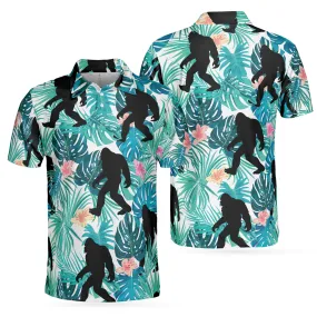 Bigfoot Tropical Short Sleeve Polo Shirt, Floral And Leaves Polo Shirt, Best Bigfoot Shirt For Men