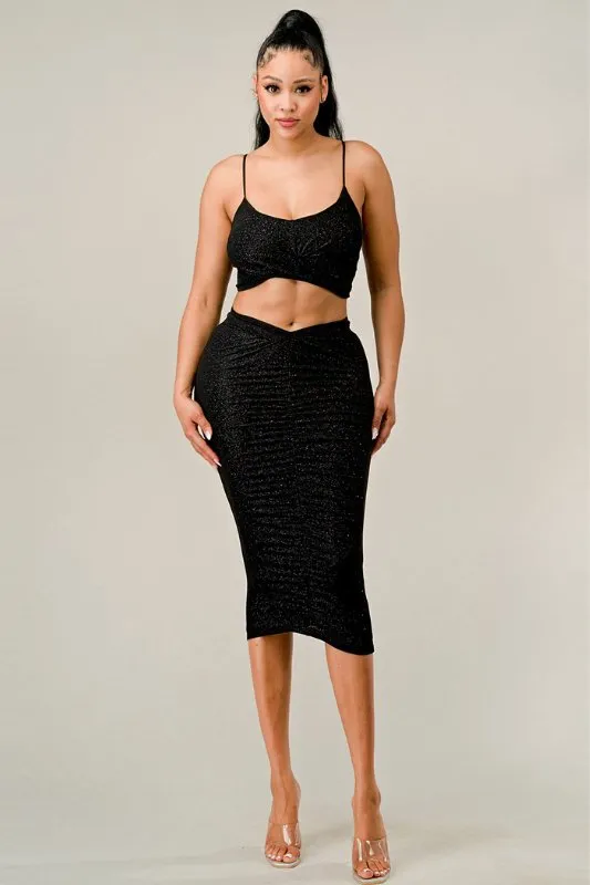 Black Glitter Twist Crop Top Midi Skirt Set