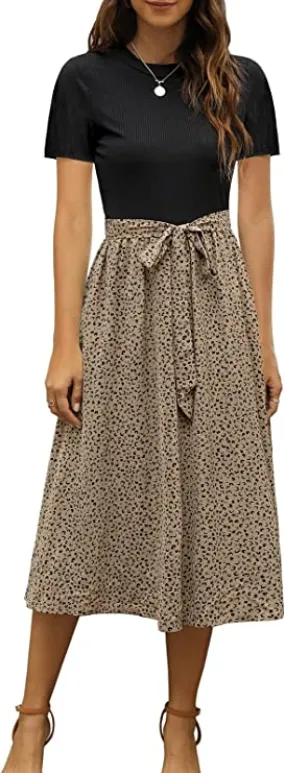 Black Half Sleeve Women Short Sleeve Ribbed Midi Dress Modest Casual Work Dress with Pockets - Zattcas