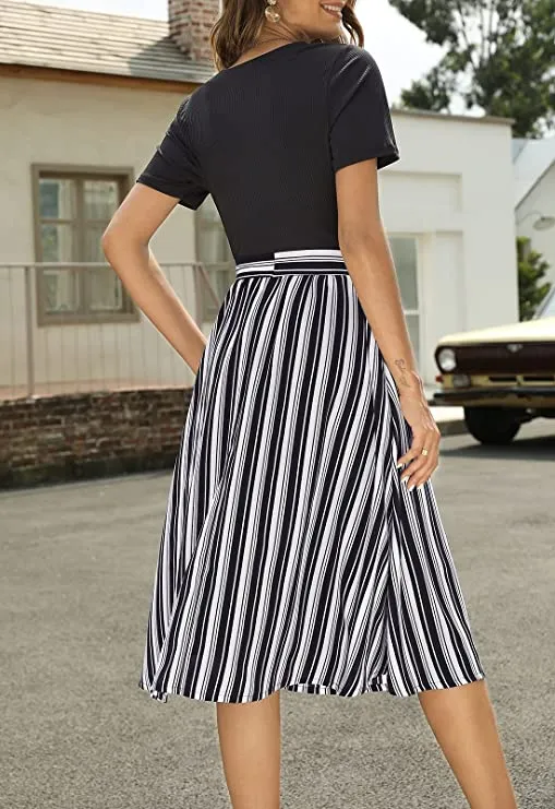 Black Half Sleeve Women Short Sleeve Ribbed Midi Dress Modest Casual Work Dress with Pockets - Zattcas