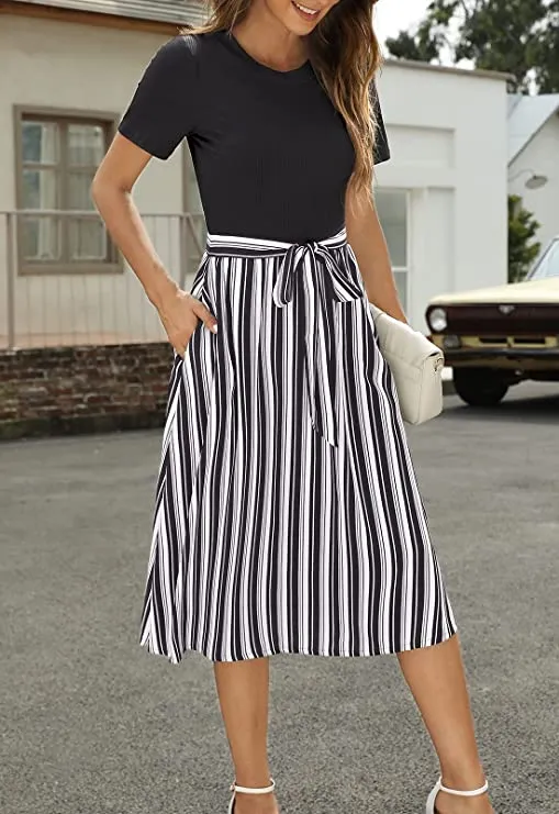 Black Half Sleeve Women Short Sleeve Ribbed Midi Dress Modest Casual Work Dress with Pockets - Zattcas