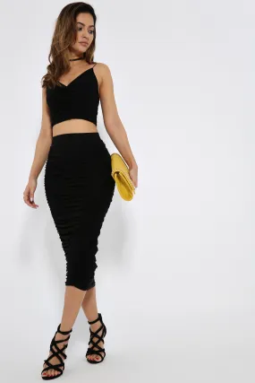 Black Ruched Midi Skirt