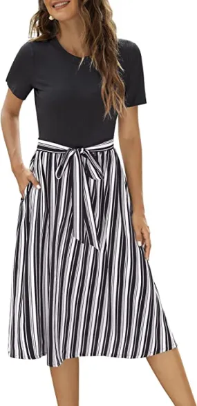 Black Stripe Women Short Sleeve Ribbed Midi Dress Modest Casual Work Dress with Pockets - Zattcas