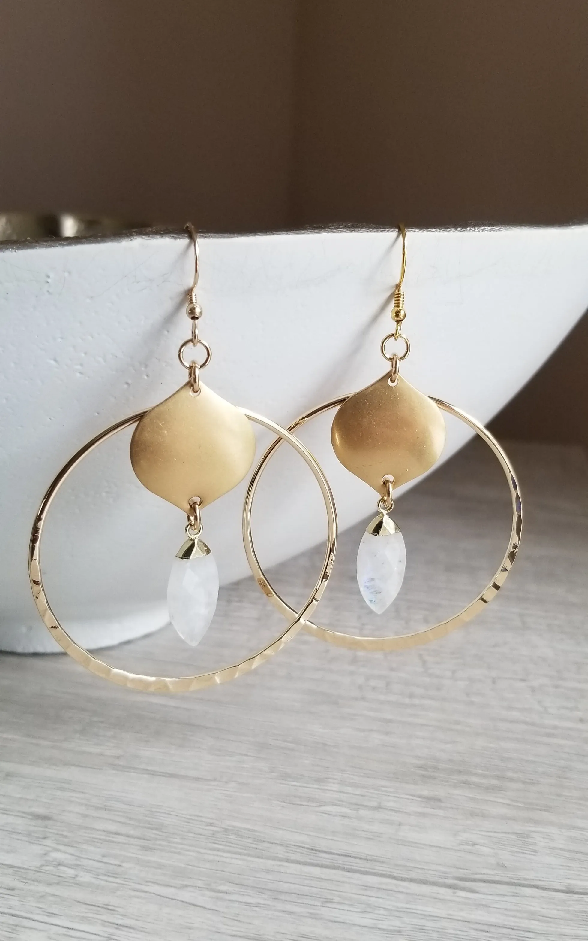 Bohemian Gold Hoop Earrings with Moonstone, Boho Statement Earrings