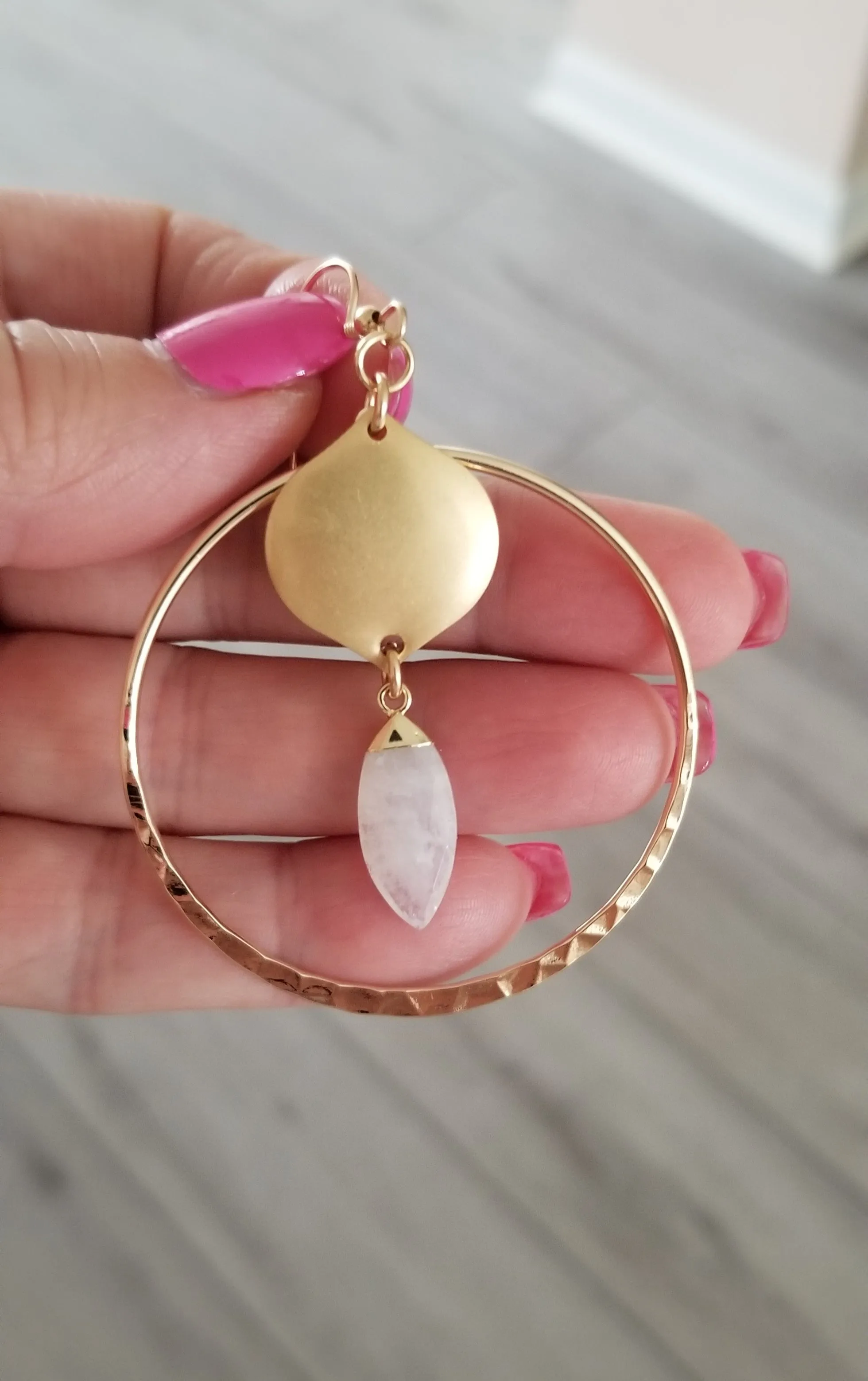 Bohemian Gold Hoop Earrings with Moonstone, Boho Statement Earrings