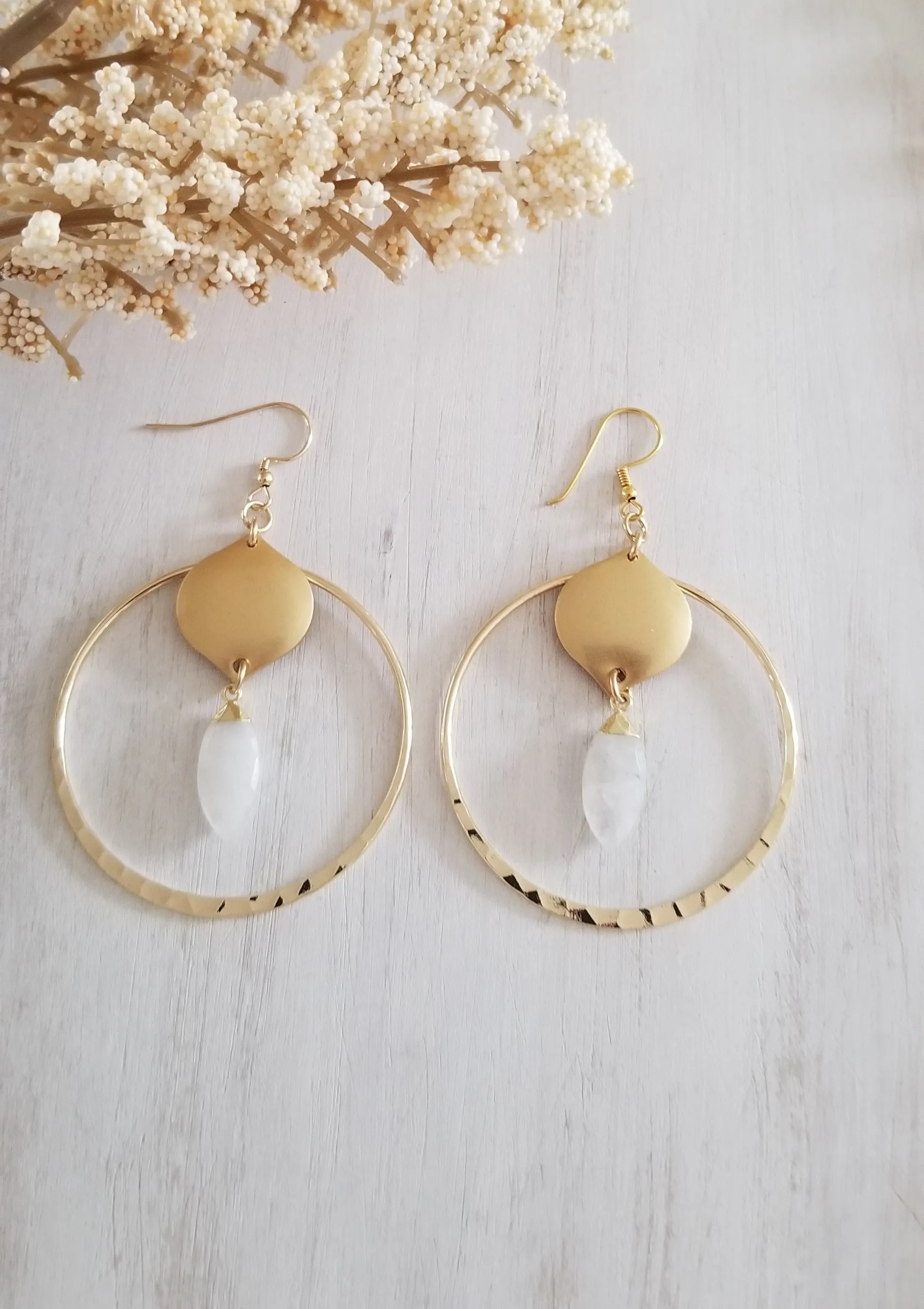 Bohemian Gold Hoop Earrings with Moonstone, Boho Statement Earrings
