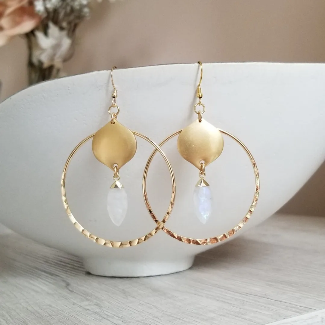 Bohemian Gold Hoop Earrings with Moonstone, Boho Statement Earrings