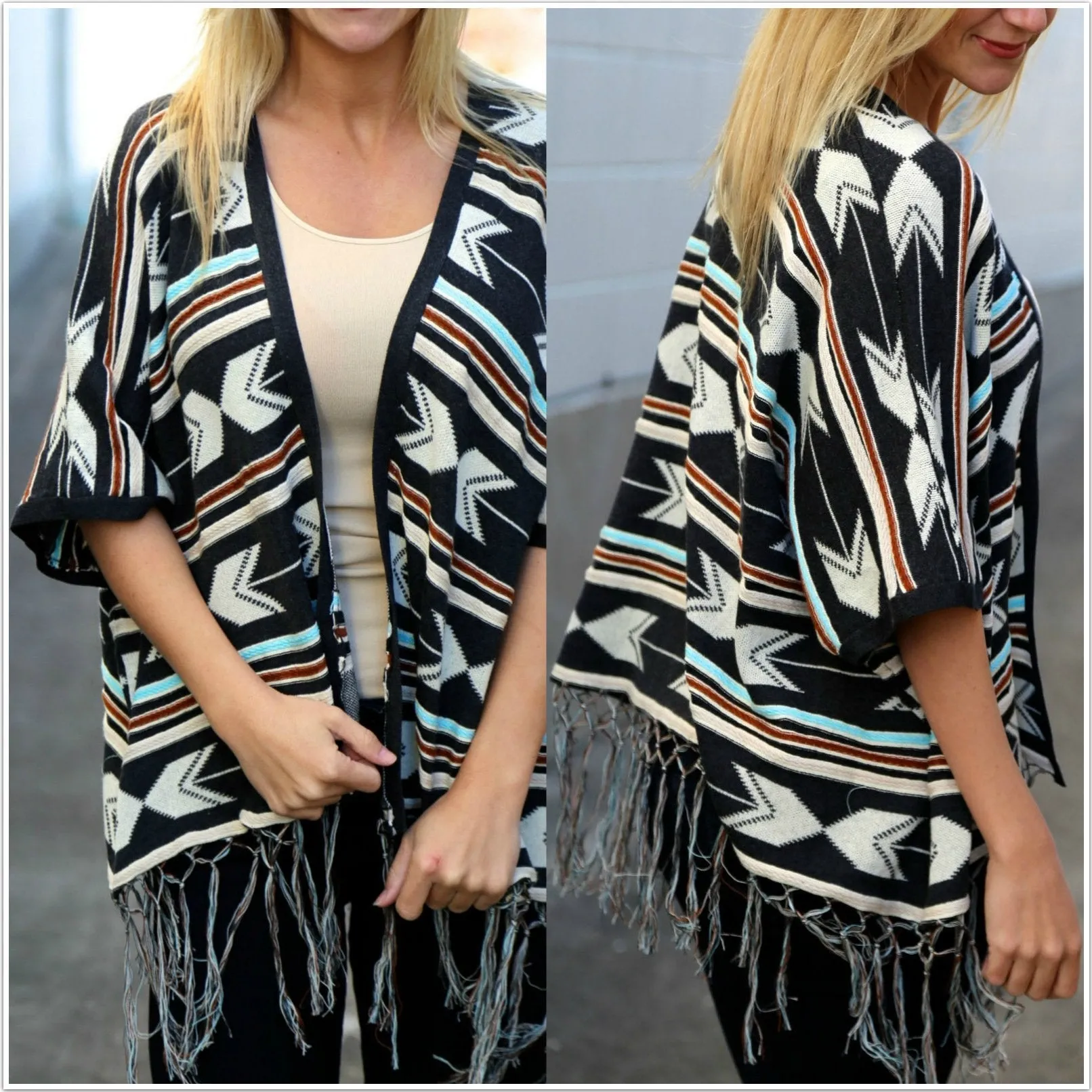 Bohemian Tasseled  Printing Mid-Sleeved Striped Coat