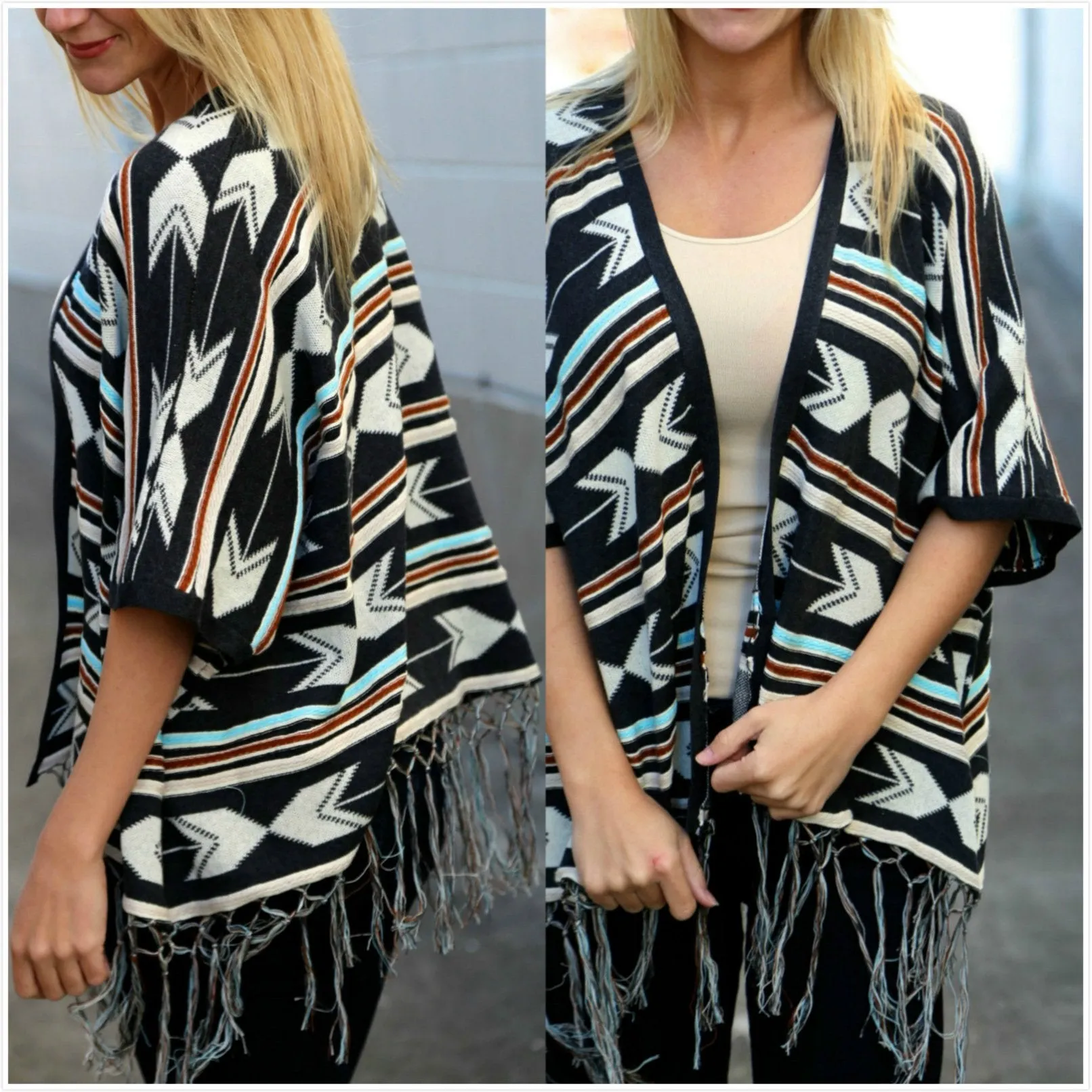 Bohemian Tasseled  Printing Mid-Sleeved Striped Coat