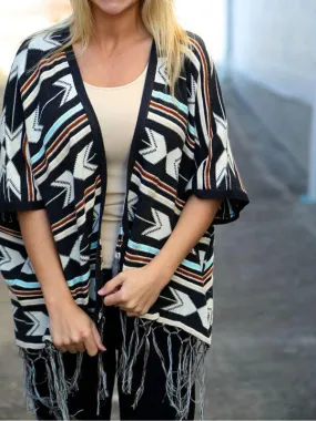 Bohemian Tasseled  Printing Mid-Sleeved Striped Coat