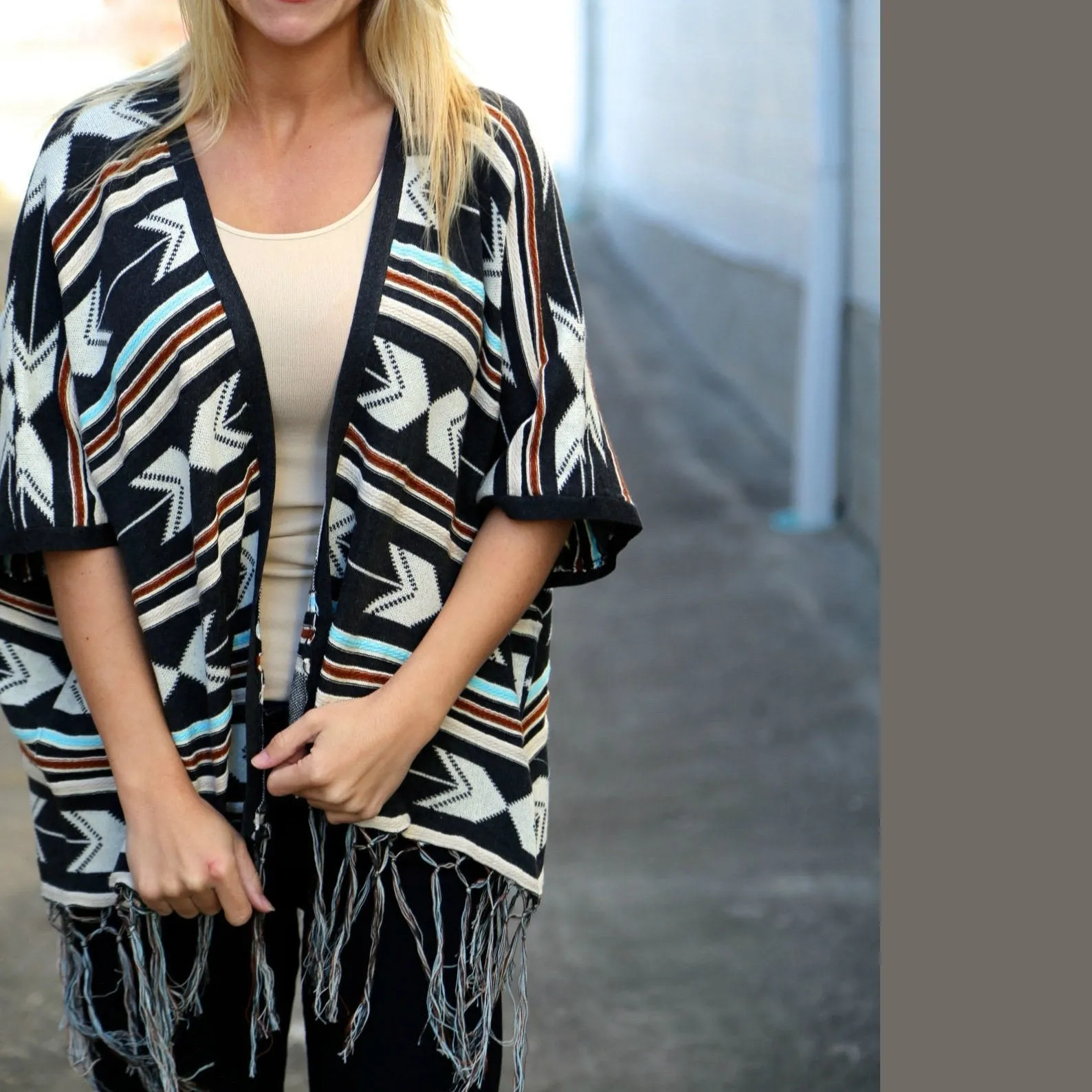Bohemian Tasseled  Printing Mid-Sleeved Striped Coat