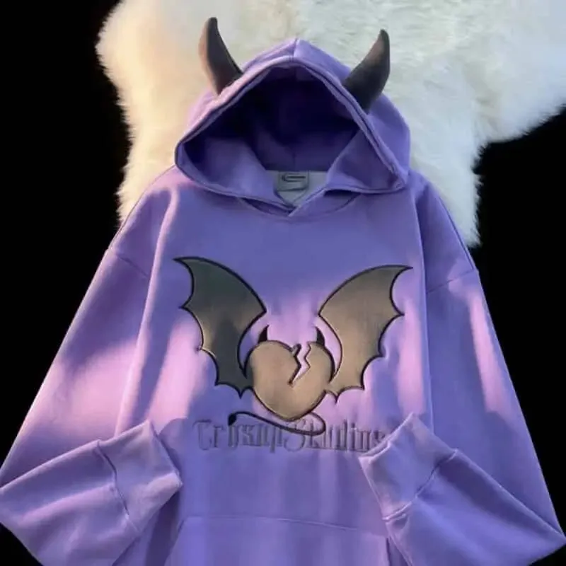 Broken Heart and Devil Horns Embroidery Hoodie