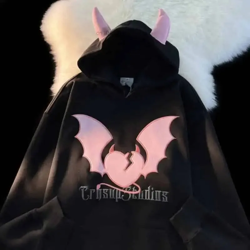Broken Heart and Devil Horns Embroidery Hoodie
