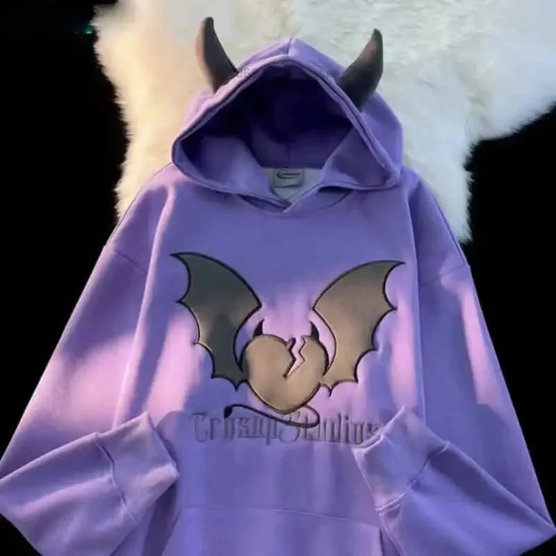 Broken Heart and Devil Horns Embroidery Hoodie