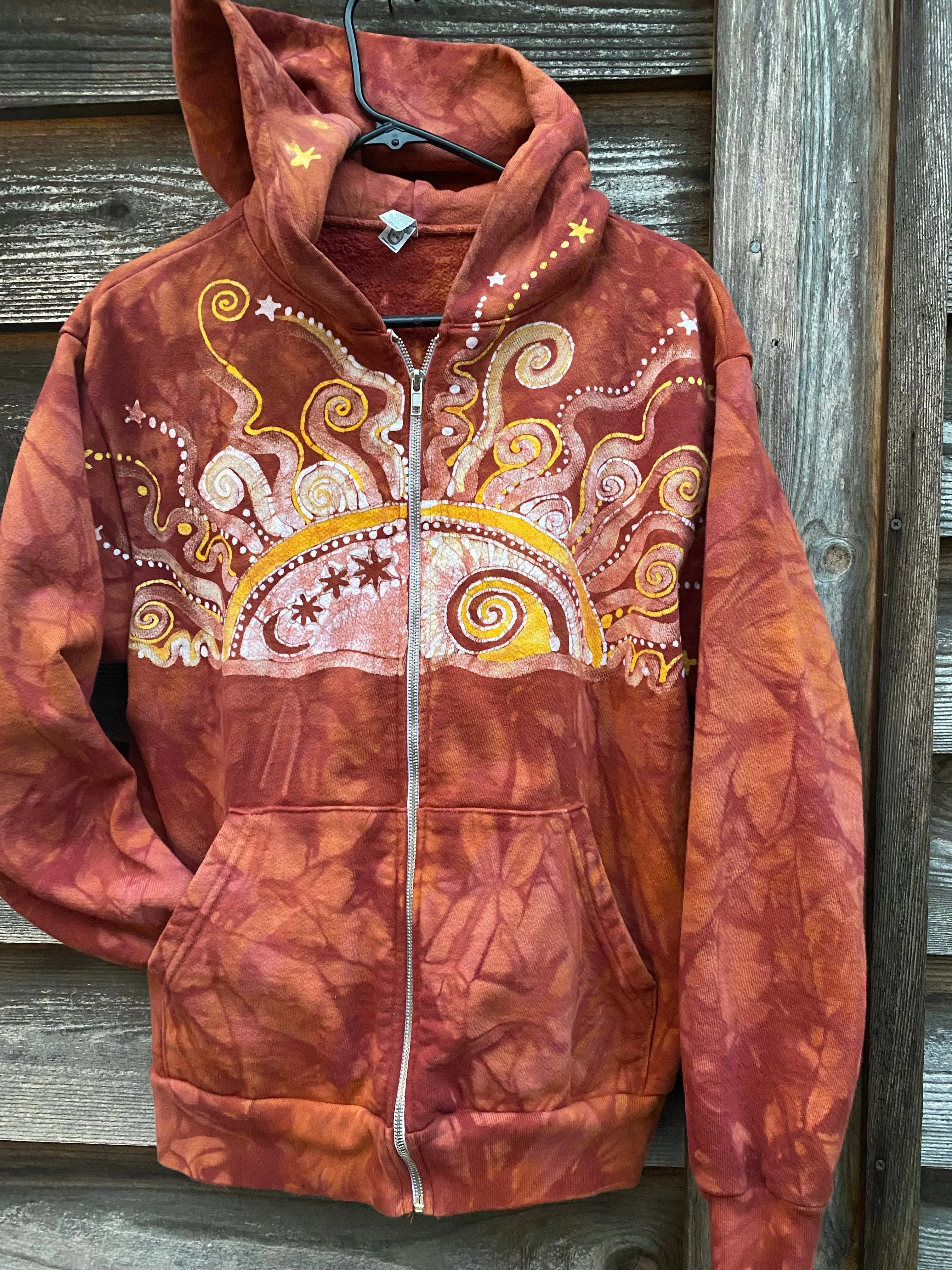 Cayenne Orange Sunset Handcrafted Batik Zipper Hoodie - Size Small