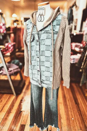 Checkered Denim   Sweater Jacket