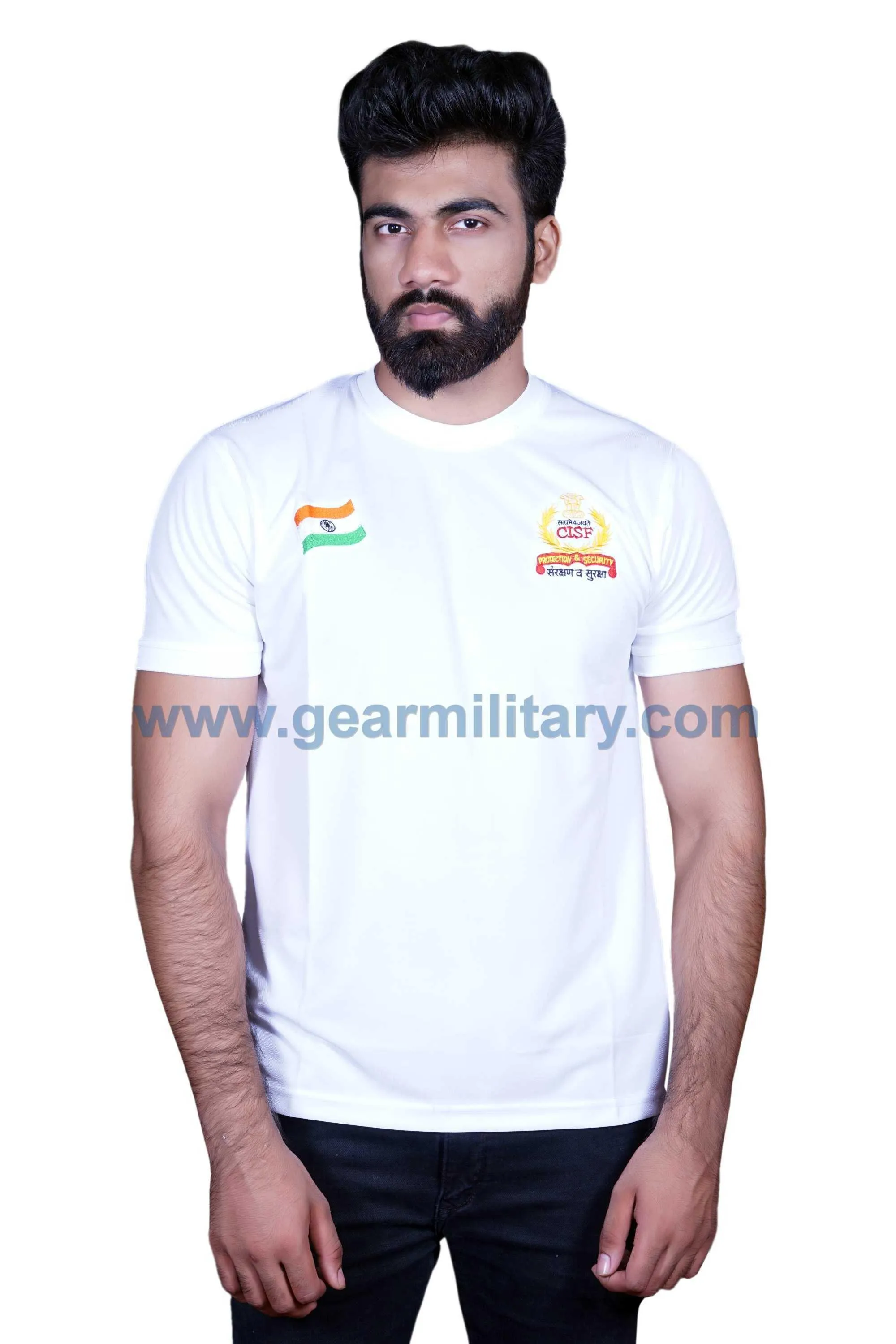 CISF and Flag Embroidered White Round Neck T Shirt