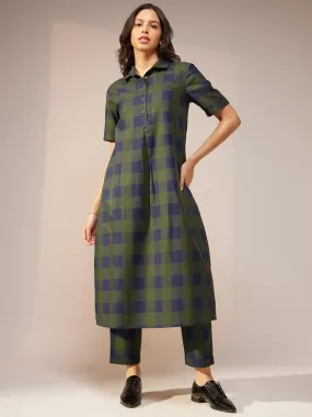 Cotton Checked Kurta Set - Green