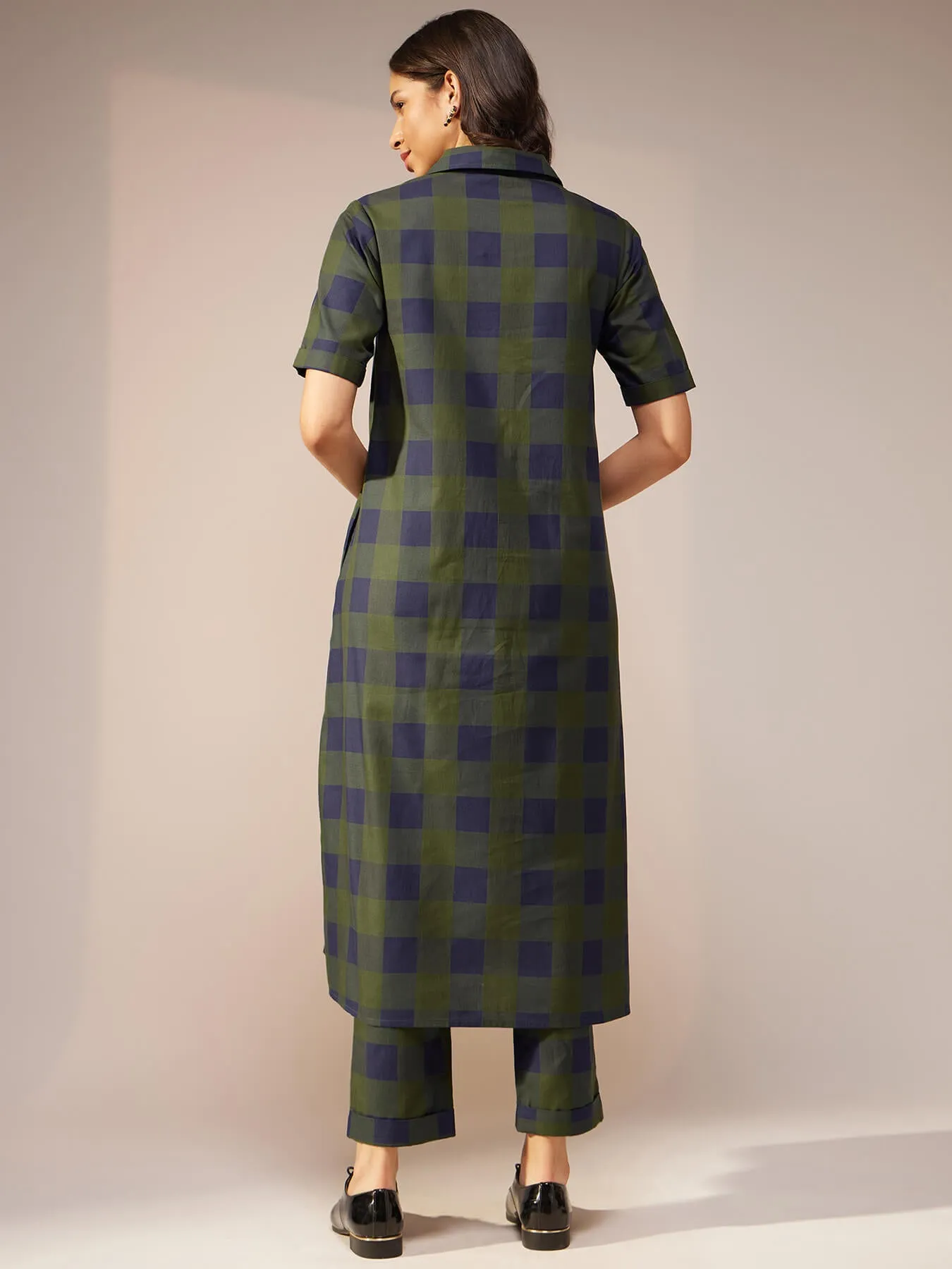 Cotton Checked Kurta Set - Green