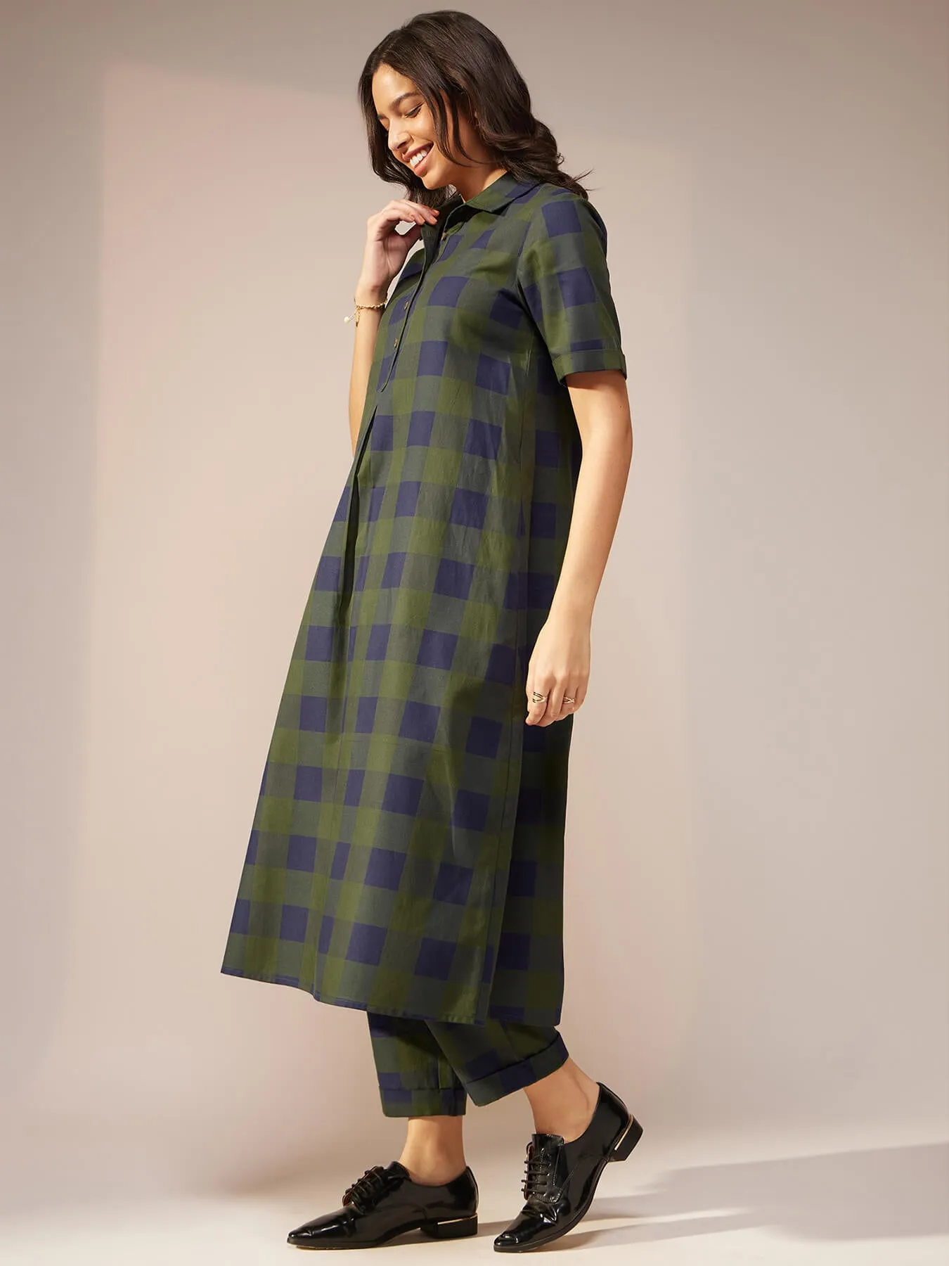 Cotton Checked Kurta Set - Green