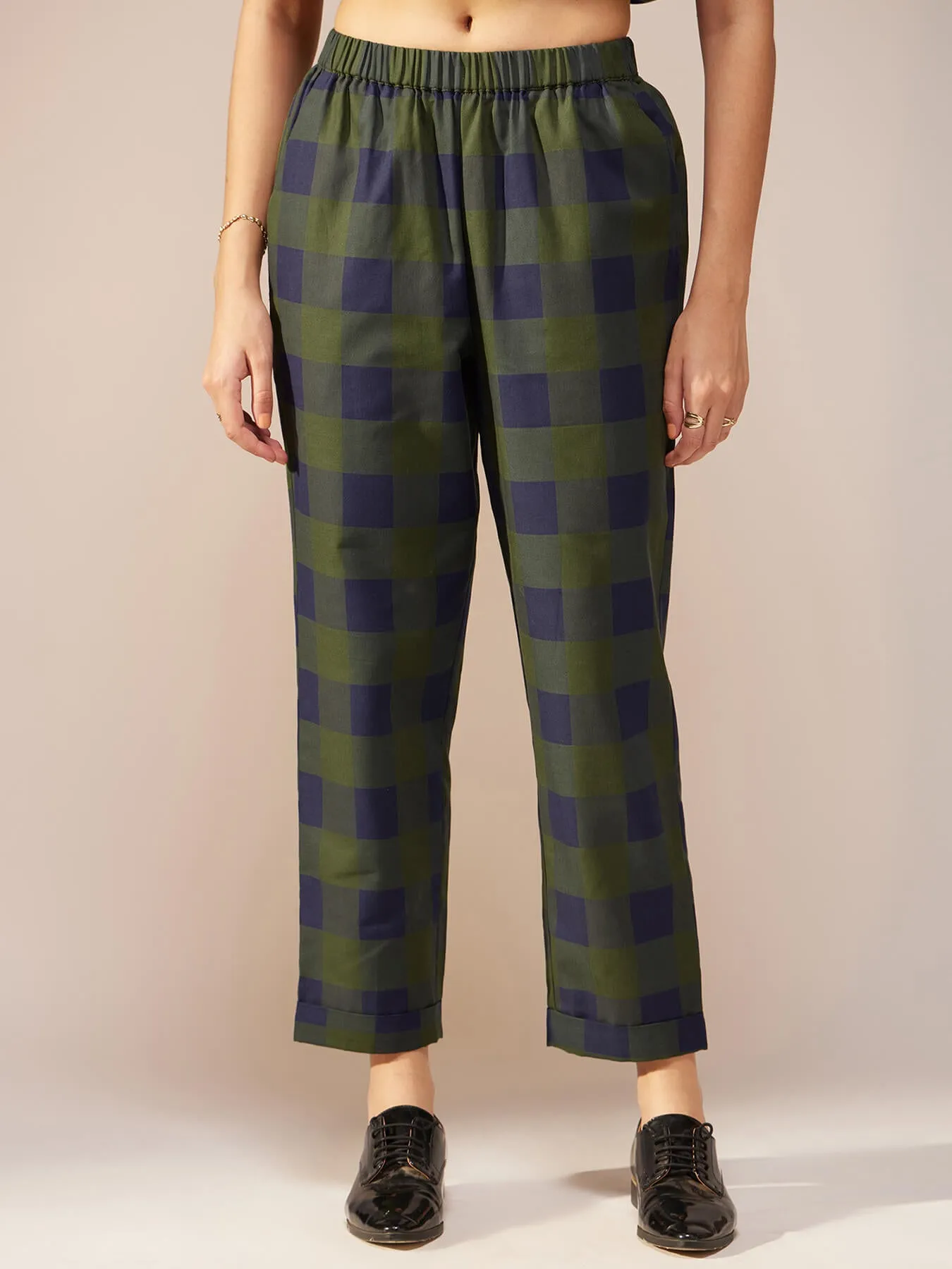 Cotton Checked Kurta Set - Green