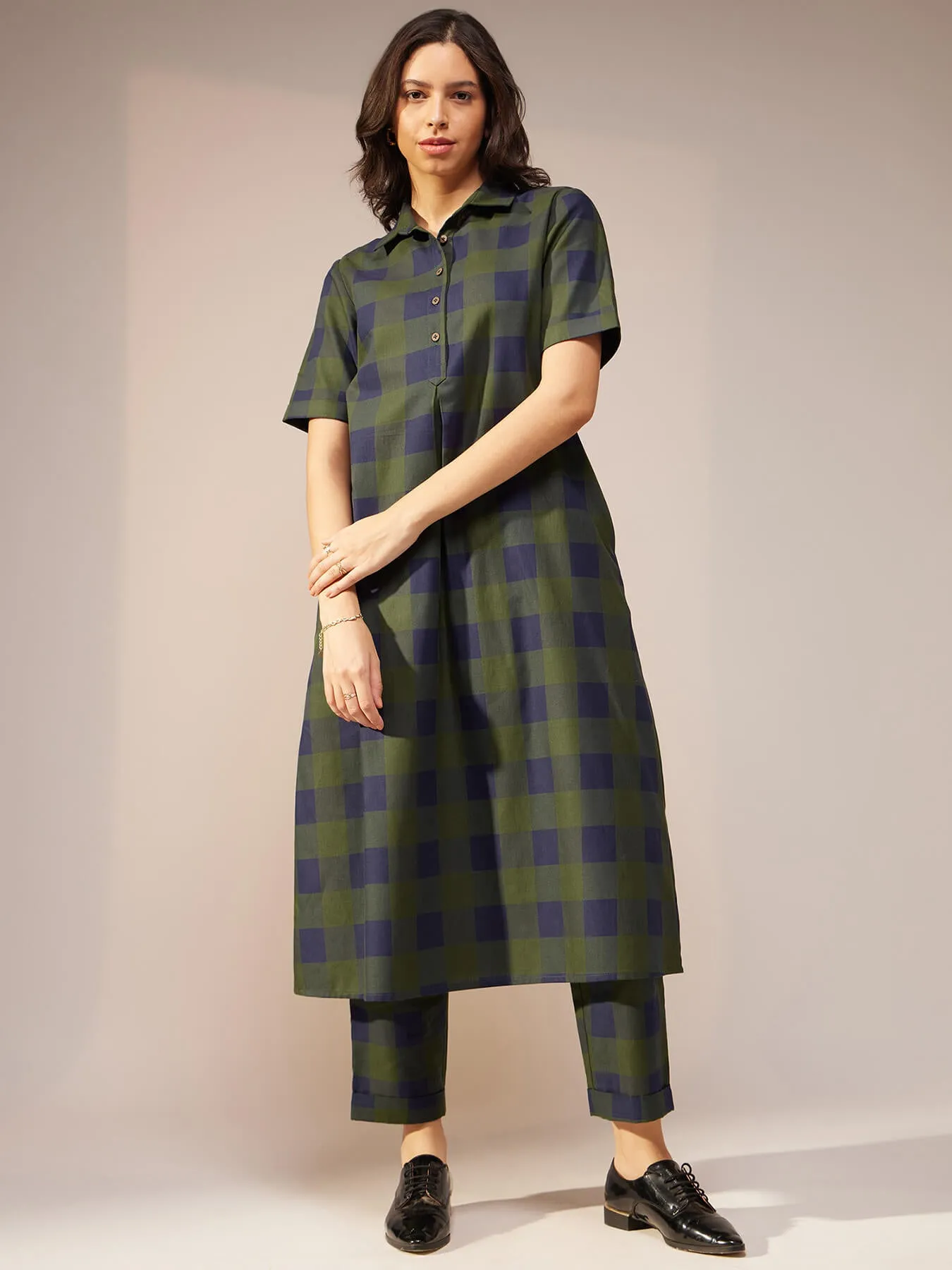 Cotton Checked Kurta Set - Green