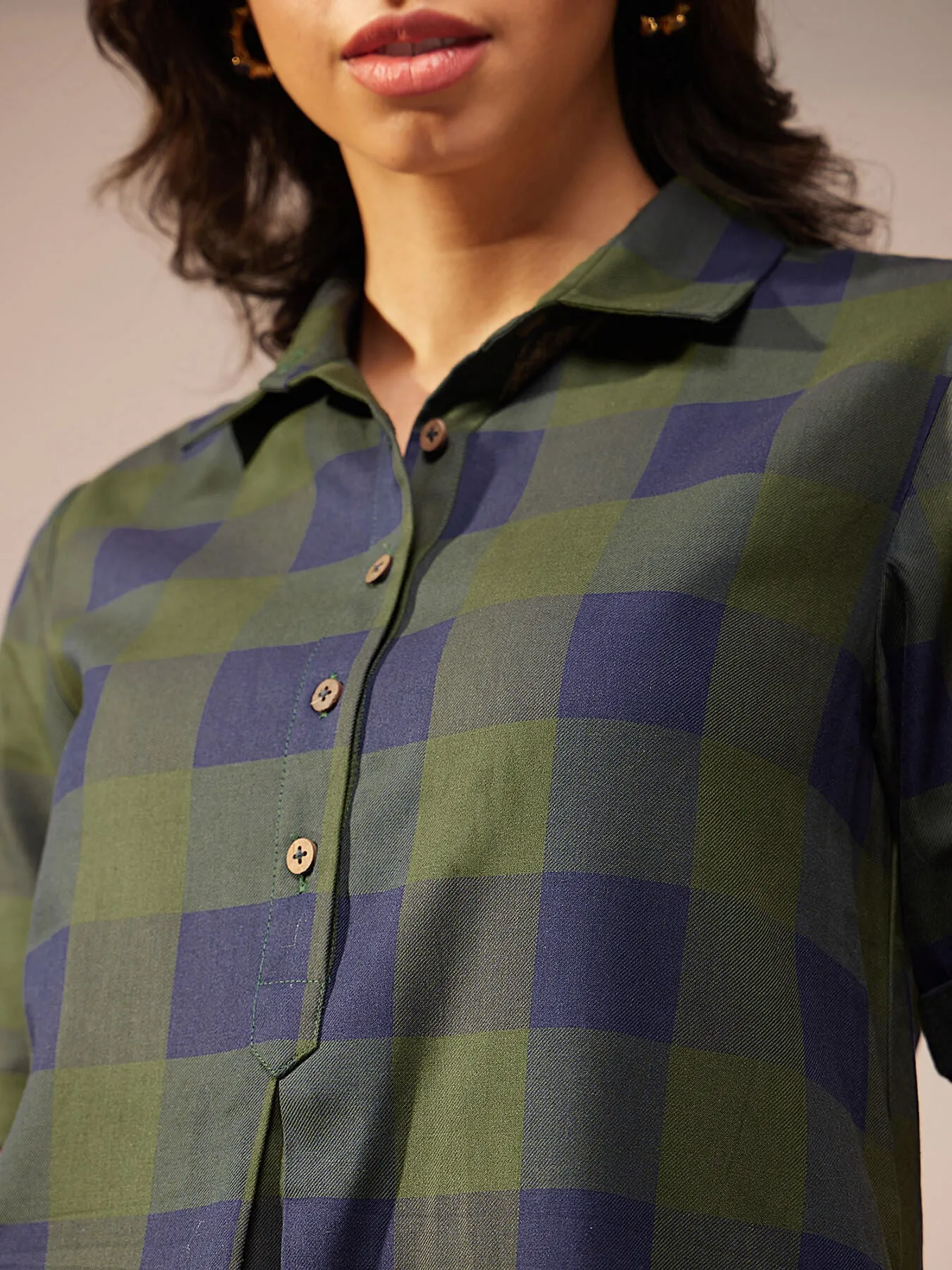 Cotton Checked Kurta Set - Green