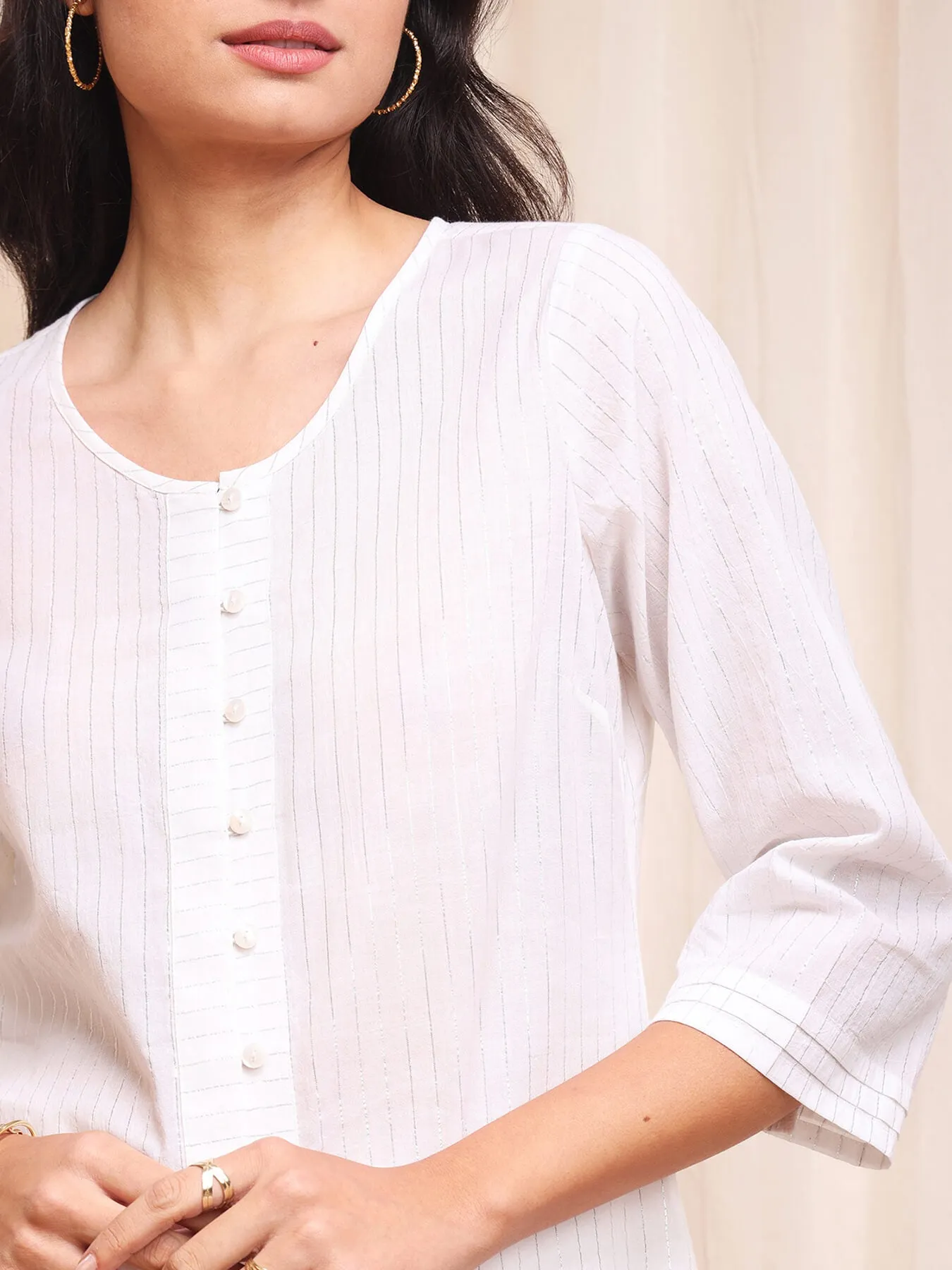 Cotton Lurex A-Line Kurta Set - White
