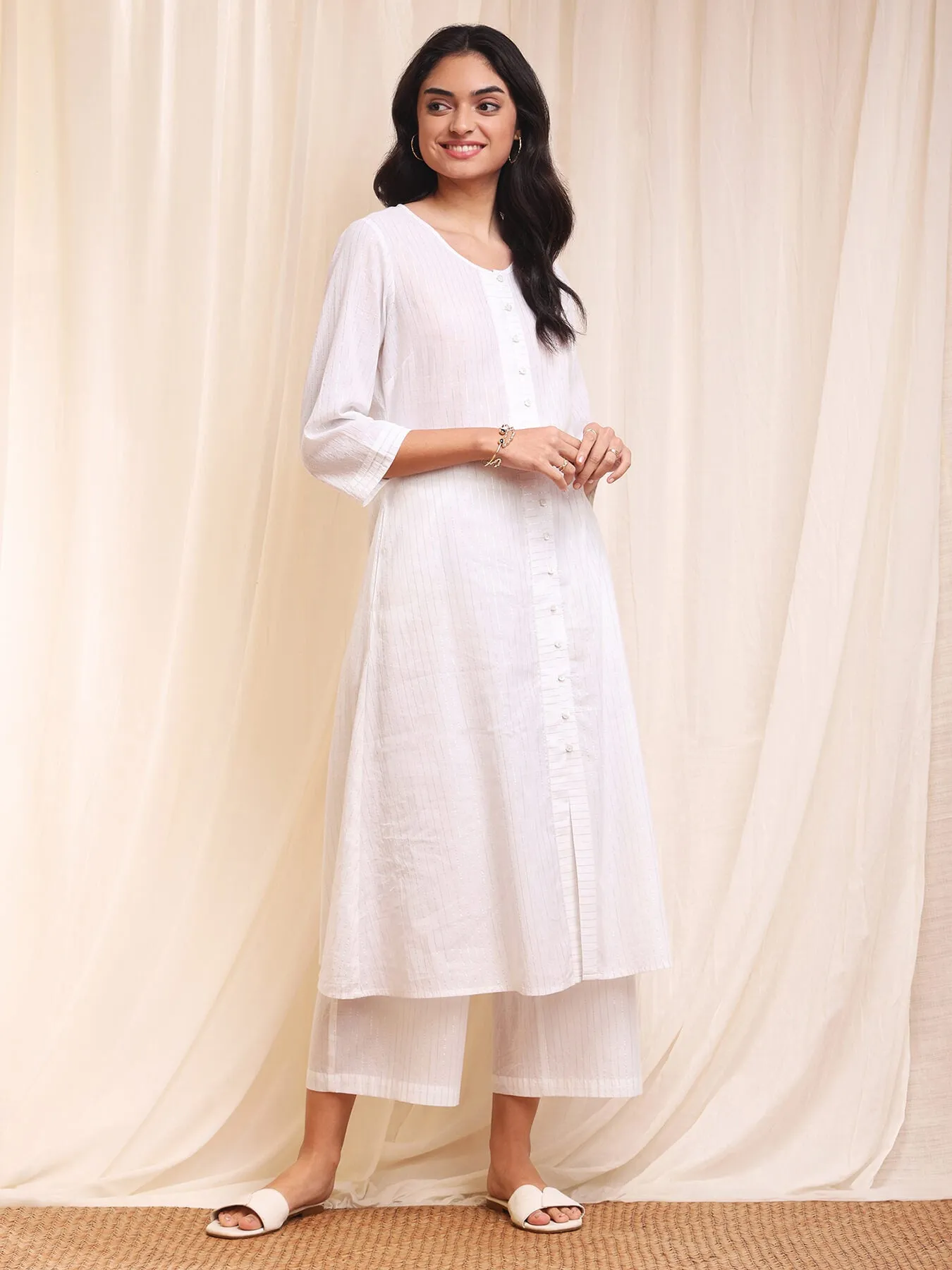 Cotton Lurex A-Line Kurta Set - White